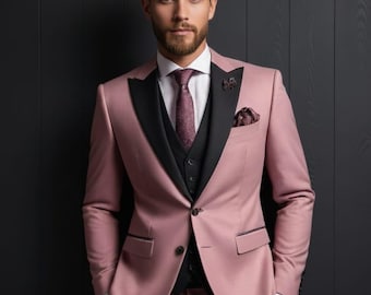 May include: A formal pink suit with a black lapel and vest. The suit includes a matching tie and pocket square. The image has the text "STITCH Art And Design" in the upper left corner. The suit is worn with a white dress shirt.
