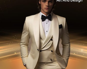 May include: A cream-colored three-piece suit with a black bow tie and pocket square. The suit includes a double-breasted vest and a white dress shirt. The text "STITCH Art And Design" is visible in the upper right corner.