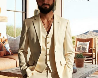 Ivory 3 Piece Men's Suit | Off White Wedding Suit for Groom | Custom Tailored Cream Tuxedo  Slim Fit Formal Prom Suit | Groomsmen Blazer Set