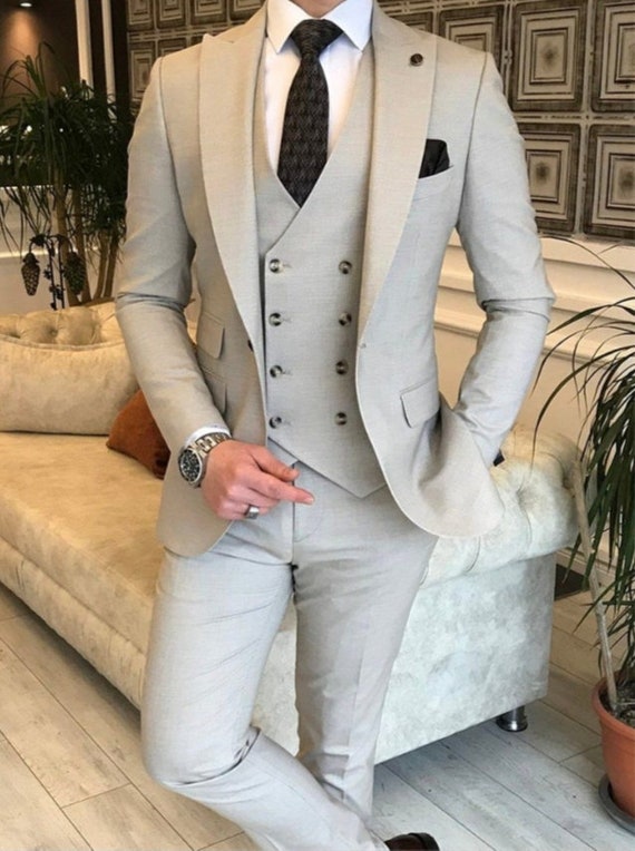 Men's Double-Breasted White 3-Piece Wedding Suit In Europe