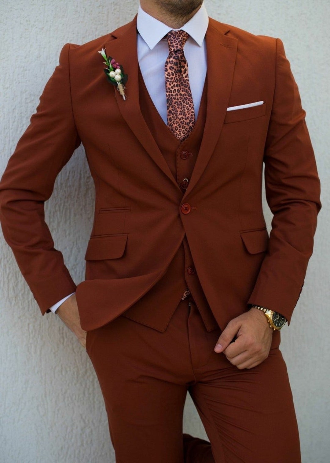 Man Rust Wedding Suit Party Wear Groom Wear Wedding Suit 3 Piece Orange ...