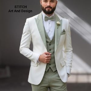 Men White Green Suit, Wedding 3 Piece Suits, Slim Fit Party Wear Prom Suits, gift for men, Office wear, formal or informal coat.