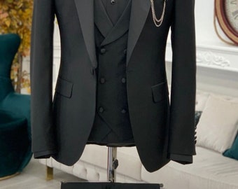 Black 3 piece suit for men's, wedding suit for men's, Groom's wear, Groom's Men's wear, Tuxedo one button black suit for men's.