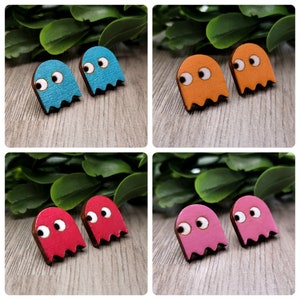 Pacman Ghost Inspired Stud Earrings | Laser Cut Wood Earrings | Hand Painted Earrings | Cute Video Game Earrings