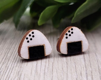 Onigiri Wood Stud Earrings |  Laser Cut Wood Earrings | Hand Painted Earrings | Wooden Statement Earrings | Cute Earrings