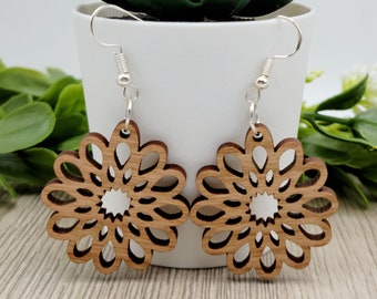 Flower Dangle Wood Earrings | Wooden Statement Earrings | Laser Cut Wood Earrings | Trendy Dangle Earrings | Wood Earrings