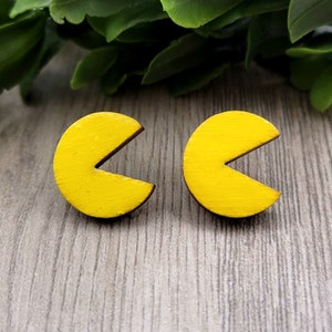 Pacman Inspired Stud Earrings | Laser Cut Wood Earrings | Hand Painted Earrings | Cute Video Game Earrings