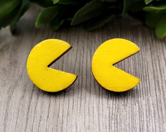 Pacman Inspired Stud Earrings | Laser Cut Wood Earrings | Hand Painted Earrings | Cute Video Game Earrings