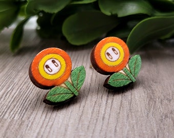 Fire Flower Inspired Stud Earrings | Laser Cut Wood Earrings | Hand Painted Earrings | Cute Video Game Earrings