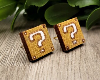 Mystery Block Inspired Stud Earrings | Laser Cut Wood Earrings | Hand Painted Earrings | Cute Video Game Earrings