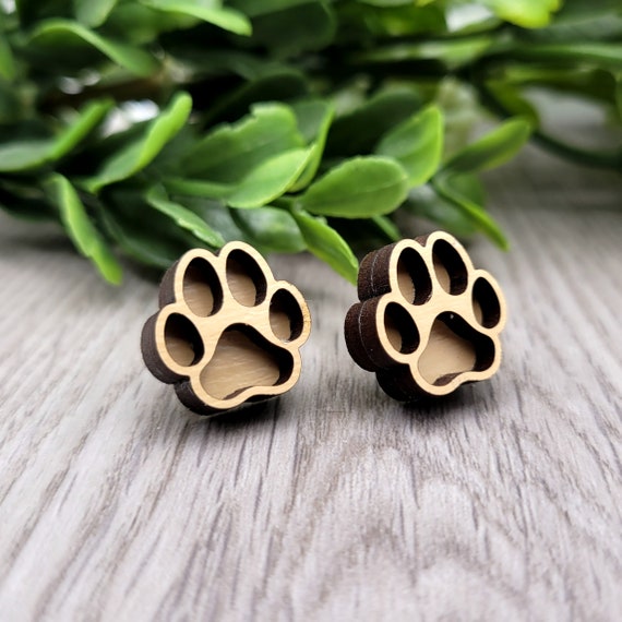3D Paw Print Wood Stud Earrings | Dog Paw Earrings | Trendy Earrings | Laser Cut Wooden Earrings