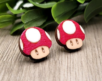 Red Mushroom Inspired Stud Earrings | Laser Cut Wood Earrings | Hand Painted Earrings | Cute Video Game Earrings