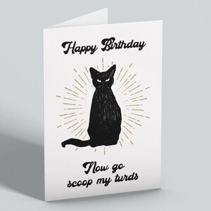 Happy Birthday Funny Cat Card - Happy Birthday now go scoop my turds - for cat lovers - Naughty Cat Card - Cat Mom - Cat Dad - Cat lady