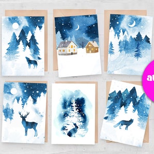 Set of 6 Holiday Card Collection - Set of Blank Christmas Cards - Winter Solstice - Woodland Animal - Forest - Moon - Fox - Deer - rabbit