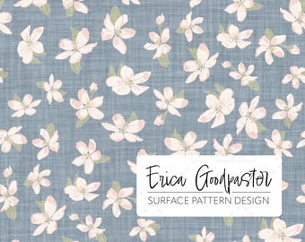 Pink Spring Apple Blossoms on Blue Denim Repeating Pattern Instant Download 300 DPI PNG for Digital Paper Scrapbooking Crafts Tossed Floral