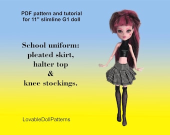11" Slimline Doll School Uniform Pattern: Pleated Skirt, Halter Top (PDF Pattern)