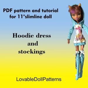 May include: PDF pattern and tutorial for making a hoodie dress and stockings for an 11 inch slimline doll. The doll is wearing a blue and white polka dot hoodie dress with a white and pink graphic print. The doll is also wearing blue and white polka dot stockings with white bows.
