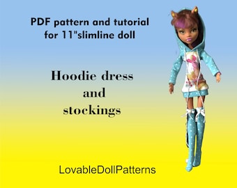 PDF pattern and tutorial on how to make hoodie dress and stockings for 11" slimline doll: monster.
