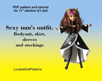 11" Doll Outfit PDF Pattern: Shiny Leather Nun Costume, Bodysuit & Skirt (G1)