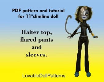 11" Slimline Doll Outfit PDF Pattern, Halter Top, Flared Pants