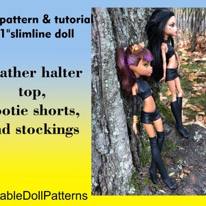 PDF Schnittmuster und Nähanleitung wie man ein Lederoutfit und Strümpfe für eine 11-Zoll-Schlankpuppe mit Monster herstellt.