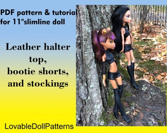 PDF pattern and tutorial on how to make leather outfit and stockings for 11" slimline doll. monster.