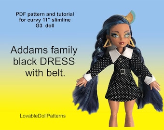 PDF pattern and tutorial on how to make Addams family inspired dress for the  slimline curvy 11 &quot; G3 doll.