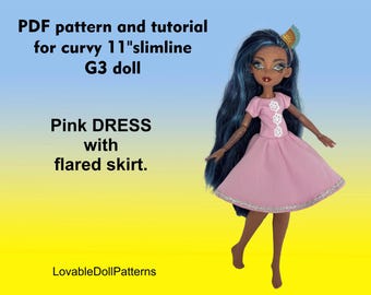 11" Slimline Doll Dress Pattern, Pink Flared Skirt (PDF Pattern)