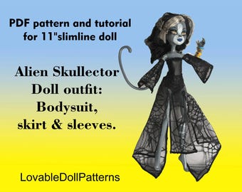 PDF pattern and tutorial on how to make Alian Skullector outfit for 11" slimline doll. G1 body type.