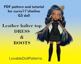 PDF pattern and tutorial on how to make leather DRESS & BOOTS for the  slimline curvy 11 &quot; G3 doll.