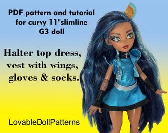 PDF pattern and tutorial on how to make halter top, vest, socks, gloves for curvy slimline 11 &quot; G3 doll.