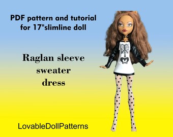 17" Slimline Doll Raglan Sweater Dress Pattern (PDF)