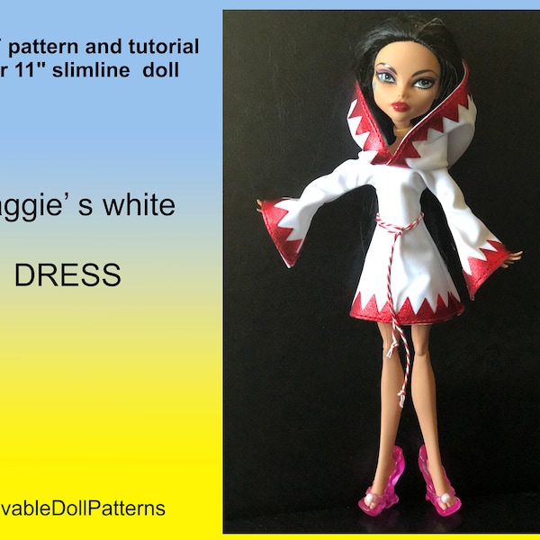 PDF pattern and tutorial on how to make Maggie's white dress for 11" slimline doll. MH & EAH dolls G1