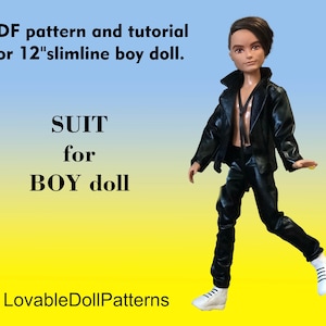 May include: PDF pattern and tutorial for a 12 inch slimline boy doll suit. The doll is wearing a black leather jacket and trousers. The text "SUIT for BOY doll" is written on a yellow and blue background. The text "LovableDollPatterns" is written at the bottom of the image.