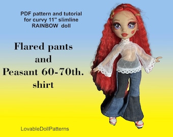 PDF pattern and tutorial on how to make Flared pants and peasant 60-70 th shirt for  curvy 11" slimline rainbow doll.