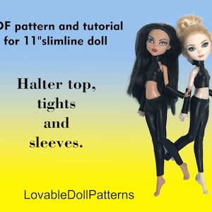 PDF pattern and tutorial on how to make leather outfit  for 11&quot; slimline doll. Halter top, tights and sleeves .