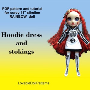 PDF pattern and tutorial on how to make Hoodie dress and stockings for the curvy 11" slimline rainbow doll.
