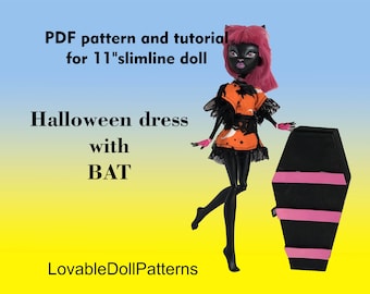 11" Slimline Doll Halloween Dress Pattern with Bat (PDF Pattern)