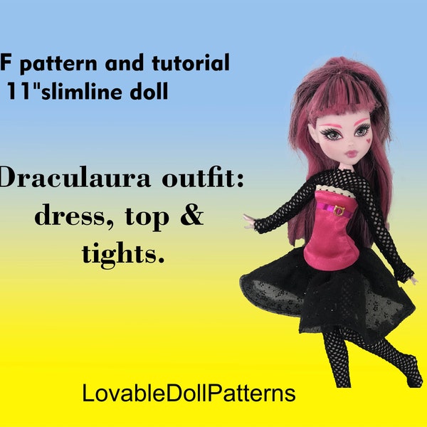 Patron PDF et tutoriel sur la confection de la tenue Draculaura pour poupée slimline de 11 pouces. Robe, haut et collants.