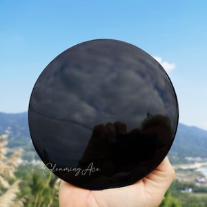 Espelho de adivinhação de pedra de obsidiana preta natural, espelho de adivinhação de cristal com suporte Escolha o tamanho 50-200 mm