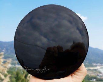 Natürlicher schwarzer Obsidian-Stein-Scrying-Spiegel, Kristall-Scrying-Spiegel mit Ständer Wählen Sie die Größe 50-200 mm