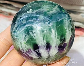 High Quality Feather Snowflake Fluorite Sphere, Feather Rainbow Fluorite, Quartz Crystal Sphere, Fluorite Ball, Crystal Gifts