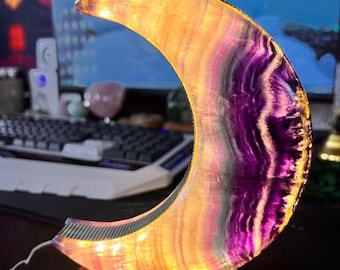 Natural Crystal Rose Quartz Moon Nightstand Lamp, Rainbow Fluorite Crystal Led, Crystal Night Ligh with 3 Colors Changing
