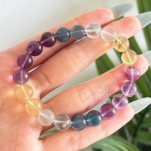 Natural Grade AAA Rainbow Fluorite Bead Bracelet, Fluorite Crystal Stretch Bracelet Gift for Her 10mm