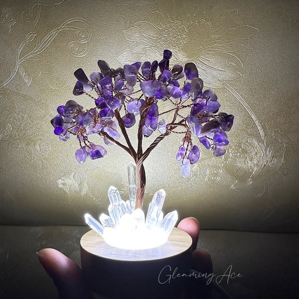Natural Crystal Amethyst/Citrine Tree Nightstand Lamp, Wire Wrapped Crystal Led Tree, Crystal Night Ligh, Crystal Healing