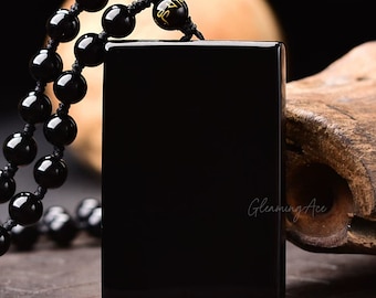Black Obsidian Square Pendant Necklace, Crystal Obsidian Talisman Blank Pendant, Energy Meditation Necklace