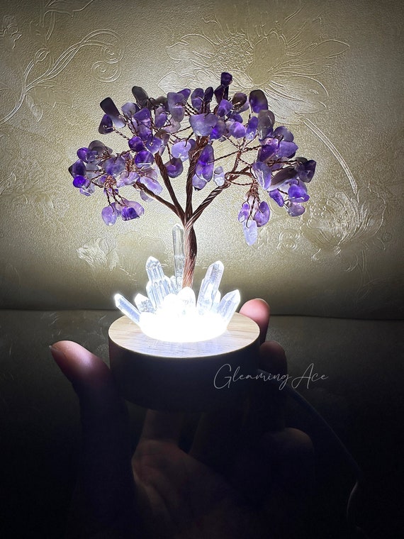 Natural Crystal Amethyst/Citrine Tree Nightstand Lamp, Wire Wrapped Crystal Led Tree, Crystal Night Ligh, Crystal Healing