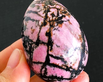 May include: Pink and black polished Rhodonite egg. The egg is smooth and has a natural, organic shape.