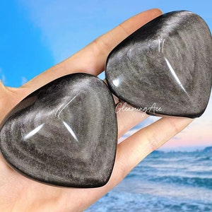 High Quality Silver Sheen Obsidian Heart, Silver Obsidian Palm Stone