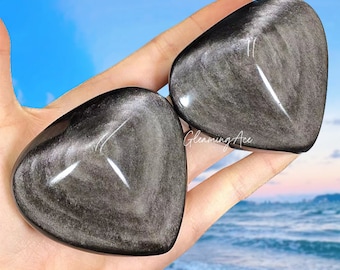 Corazón de obsidiana de brillo plateado de alta calidad, piedra de palma de obsidiana plateada